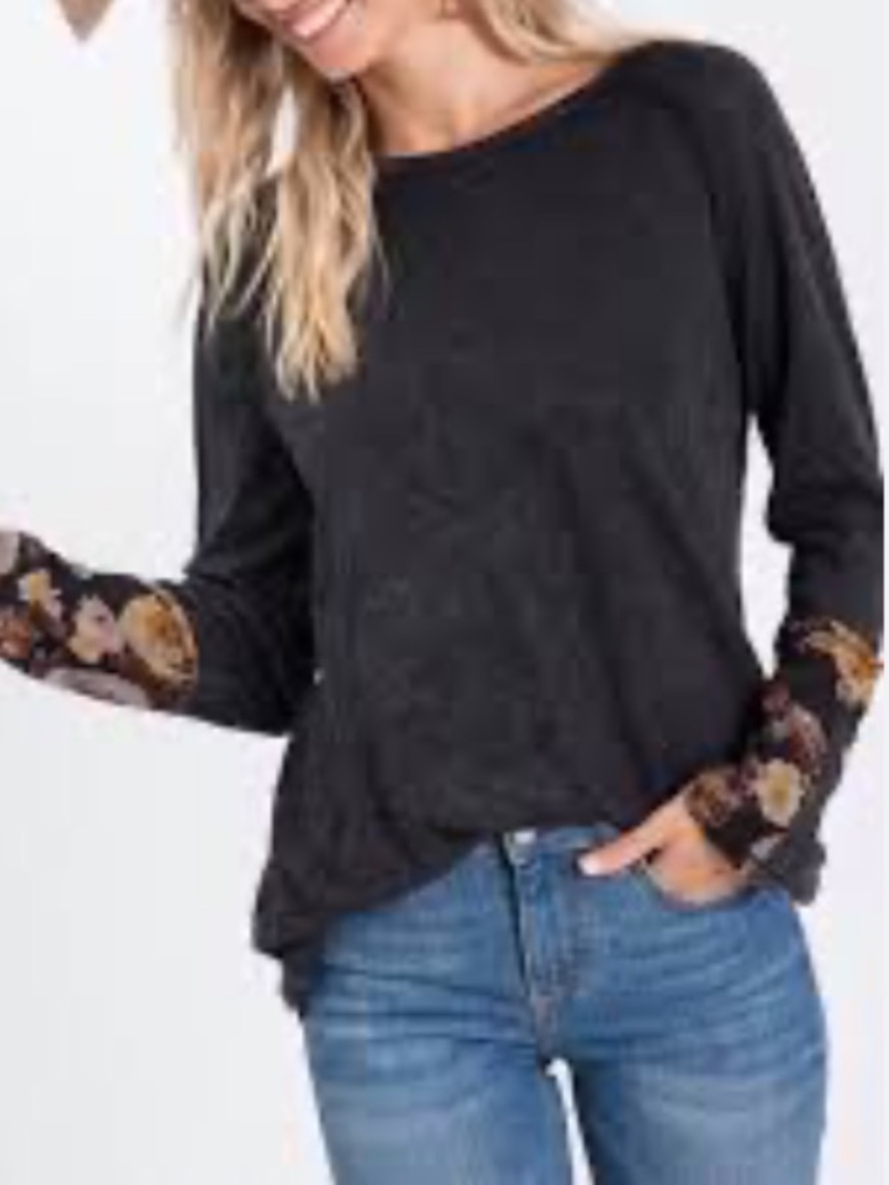 Able Mineral Wash Long-Sleeve Top with Floral Cuff Detail Size S Boho